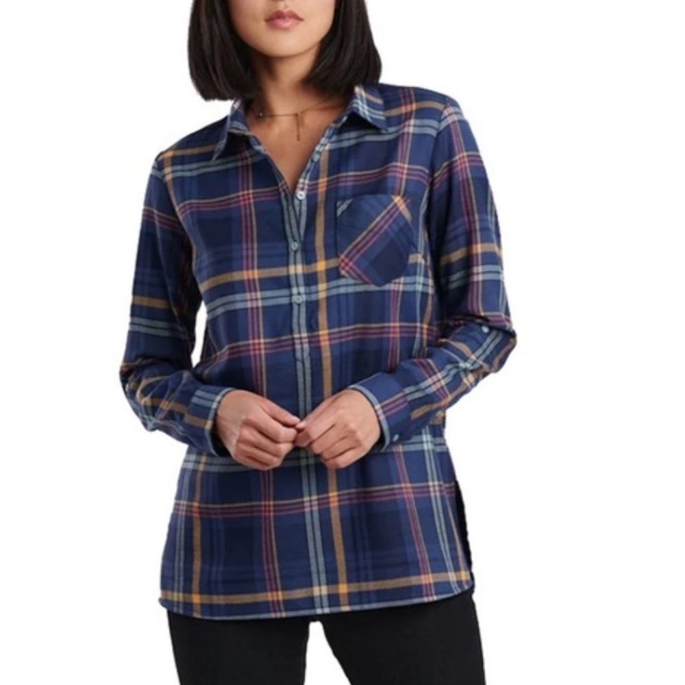 Kuhl Ferrata Plaid Flannel Tunic Long Sleeve Blue Colorful Women's Size Large